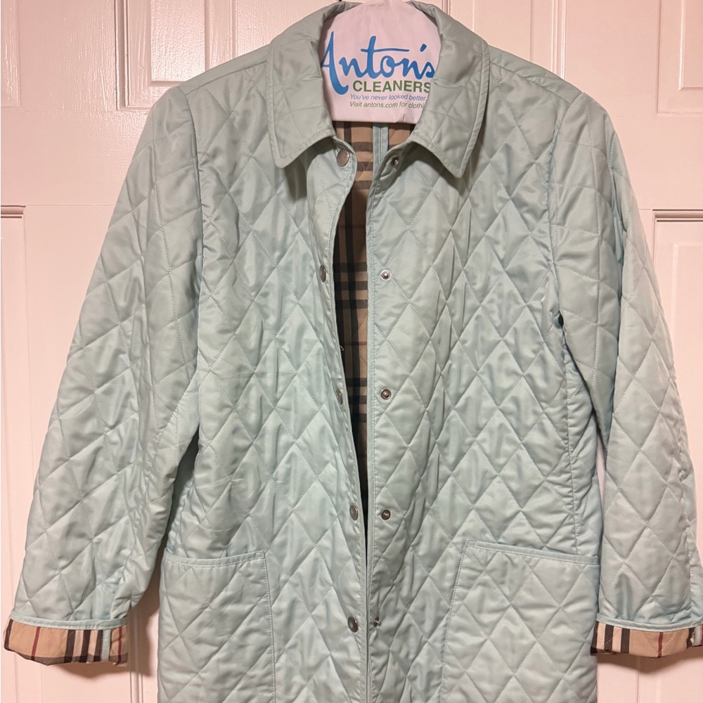 Vintage Burberry Quilted Jacket in Light Mint with Plaid Lining